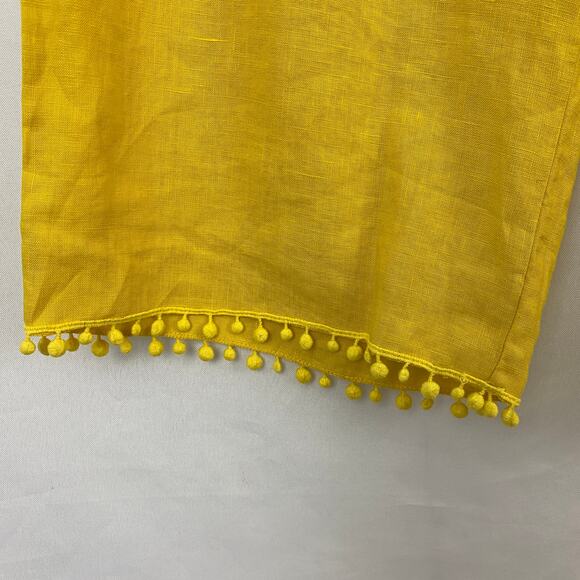 Anthropologie Wide‎ Leg Linen Cropped Pants Women L Yellow Pom Pom Trim Pull On - Picture 4 of 12
